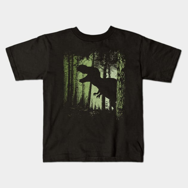 T-Rex Shadow in Twilight Forest Tyrannosaurus Silhouette Kids T-Shirt by SkizzenMonster